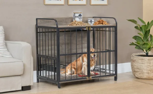 39'' Indoor Metal Dog Crate with Double Doors, Wooden Side End Table Crate, Dog Crate Furniture with Adjustable Feeder Stand, for Medium Dog, Gray - Image 3