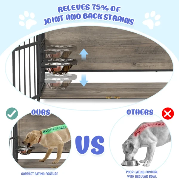 39'' Indoor Metal Dog Crate with Double Doors, Wooden Side End Table Crate, Dog Crate Furniture with Adjustable Feeder Stand, for Medium Dog, Gray - Image 5