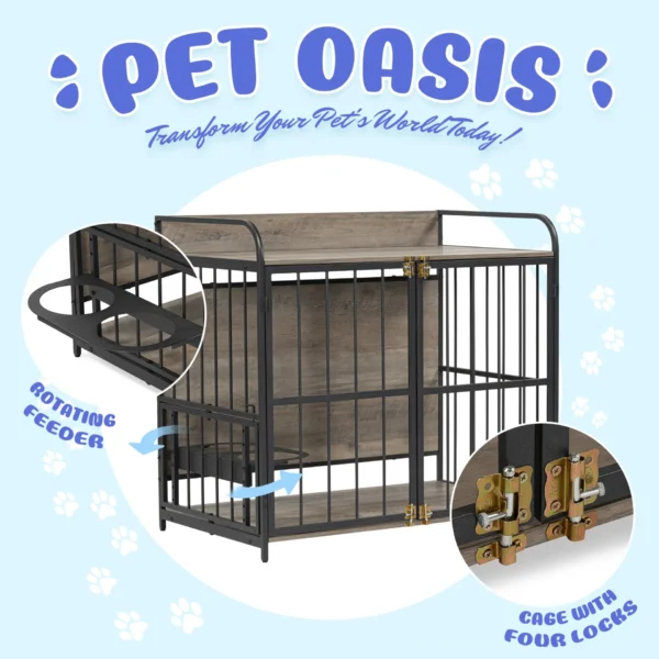 39'' Indoor Metal Dog Crate with Double Doors, Wooden Side End Table Crate, Dog Crate Furniture with Adjustable Feeder Stand, for Medium Dog, Gray - Image 6