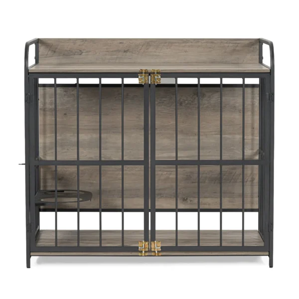 39'' Indoor Metal Dog Crate with Double Doors, Wooden Side End Table Crate, Dog Crate Furniture with Adjustable Feeder Stand, for Medium Dog, Gray - Image 10