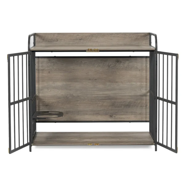 39'' Indoor Metal Dog Crate with Double Doors, Wooden Side End Table Crate, Dog Crate Furniture with Adjustable Feeder Stand, for Medium Dog, Gray - Image 12