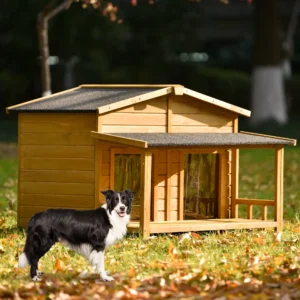 47.2" Large Wooden Dog House Outdoor, Outdoor & Indoor Dog Crate, Cabin Style, With Porch, 2 Doors