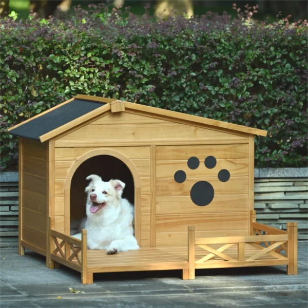 48" Wooden Dog House Outdoor with Porch, Dog Kennel with Water-Resistant Asphalt Roof and Fencing,Indoor & Outdoor Dog Crate with Paw Print, Medium, Nature - Image 2
