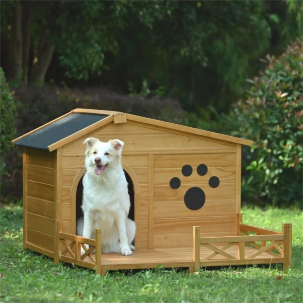 48" Wooden Dog House Outdoor with Porch, Dog Kennel with Water-Resistant Asphalt Roof and Fencing,Indoor & Outdoor Dog Crate with Paw Print, Medium, Nature - Image 3
