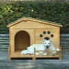 48" Wooden Dog House Outdoor with Porch, Dog Kennel with Water-Resistant Asphalt Roof and Fencing,Indoor & Outdoor Dog Crate with Paw Print, Medium, Nature - Image 4