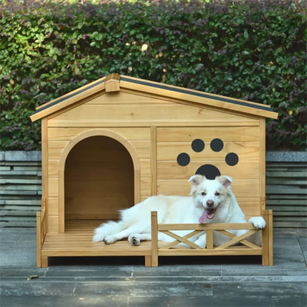 48" Wooden Dog House Outdoor with Porch, Dog Kennel with Water-Resistant Asphalt Roof and Fencing,Indoor & Outdoor Dog Crate with Paw Print, Medium, Nature - Image 4