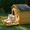 48" Wooden Dog House Outdoor with Porch, Dog Kennel with Water-Resistant Asphalt Roof and Fencing,Indoor & Outdoor Dog Crate with Paw Print, Medium, Nature - Image 5
