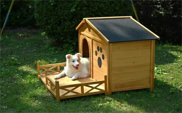 48" Wooden Dog House Outdoor with Porch, Dog Kennel with Water-Resistant Asphalt Roof and Fencing,Indoor & Outdoor Dog Crate with Paw Print, Medium, Nature - Image 5