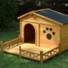 48" Wooden Dog House Outdoor with Porch, Dog Kennel with Water-Resistant Asphalt Roof and Fencing,Indoor & Outdoor Dog Crate with Paw Print, Medium, Nature - Image 6