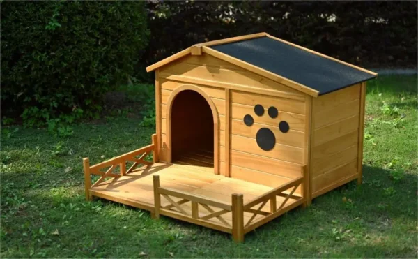 48" Wooden Dog House Outdoor with Porch, Dog Kennel with Water-Resistant Asphalt Roof and Fencing,Indoor & Outdoor Dog Crate with Paw Print, Medium, Nature - Image 6