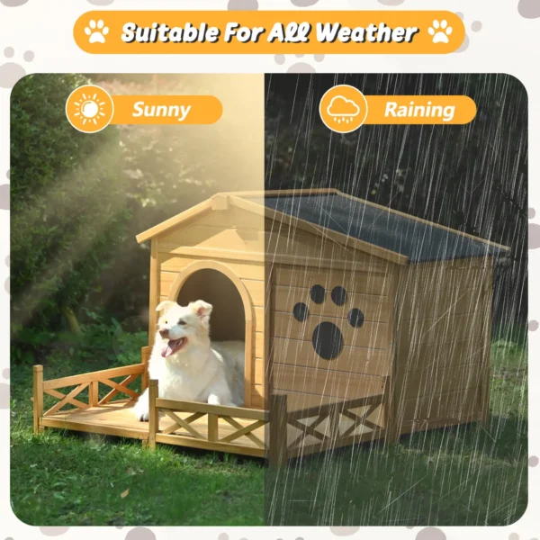48" Wooden Dog House Outdoor with Porch, Dog Kennel with Water-Resistant Asphalt Roof and Fencing,Indoor & Outdoor Dog Crate with Paw Print, Medium, Nature - Image 7
