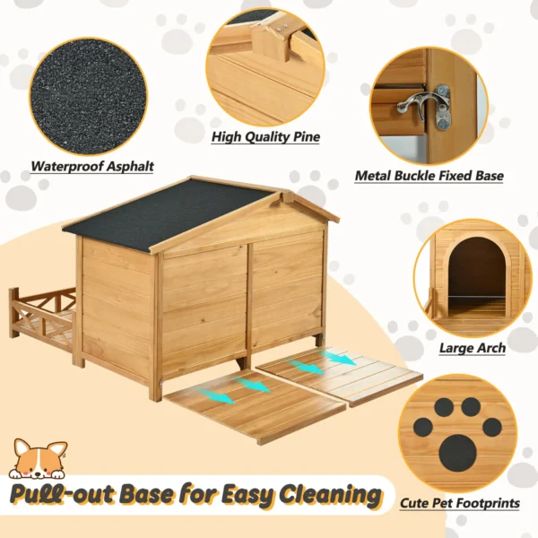 48" Wooden Dog House Outdoor with Porch, Dog Kennel with Water-Resistant Asphalt Roof and Fencing,Indoor & Outdoor Dog Crate with Paw Print, Medium, Nature - Image 8