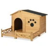 48" Wooden Dog House Outdoor with Porch, Dog Kennel with Water-Resistant Asphalt Roof and Fencing,Indoor & Outdoor Dog Crate with Paw Print, Medium, Nature - Image 9