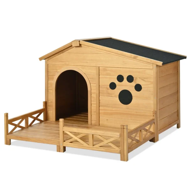 48" Wooden Dog House Outdoor with Porch, Dog Kennel with Water-Resistant Asphalt Roof and Fencing,Indoor & Outdoor Dog Crate with Paw Print, Medium, Nature - Image 9