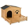 48" Wooden Dog House Outdoor with Porch, Dog Kennel with Water-Resistant Asphalt Roof and Fencing,Indoor & Outdoor Dog Crate with Paw Print, Medium, Nature - Image 11