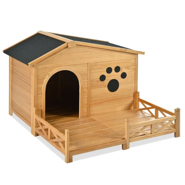 48" Wooden Dog House Outdoor with Porch, Dog Kennel with Water-Resistant Asphalt Roof and Fencing,Indoor & Outdoor Dog Crate with Paw Print, Medium, Nature - Image 11